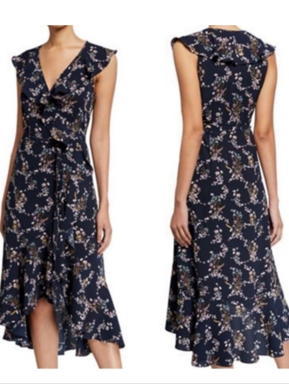 Women's Max Studio Navy Blue Floral Print Wrap Style Dress Sz Small